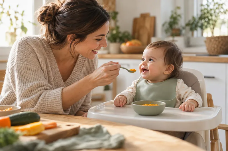Madre ofreciendo una pequeña cucharada de comida a su bebé sentado.
