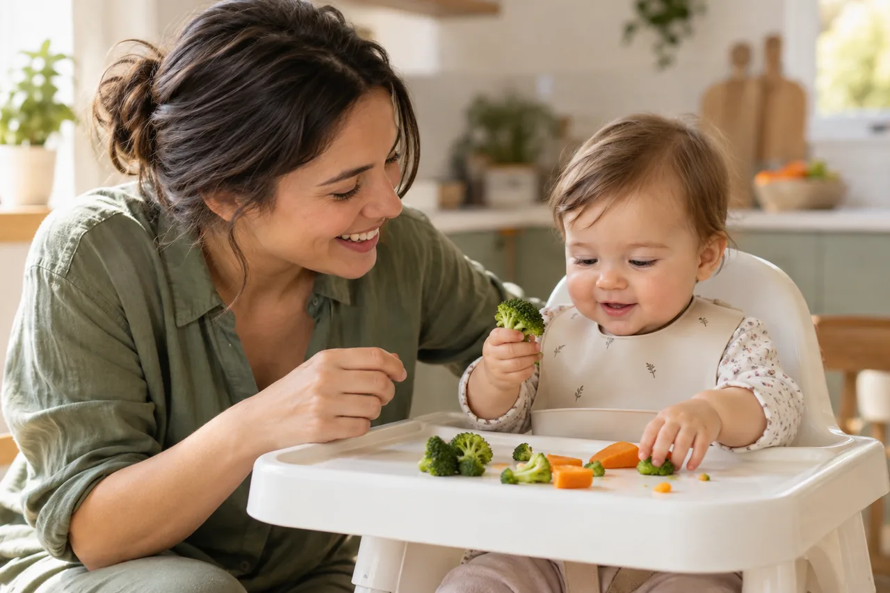 Bebé sentado explorando verduras blandas bajo la supervisión de su madre.