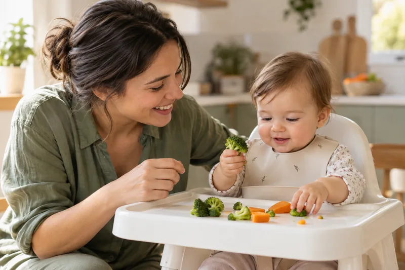 Bebé sentado explorando verduras blandas bajo la supervisión de su madre.