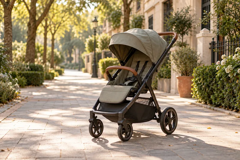 Cochecito infantil vacío en un paseo arbolado.