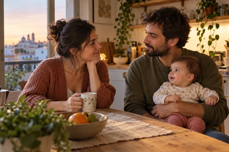Familia compartiendo un momento de apoyo al amanecer.