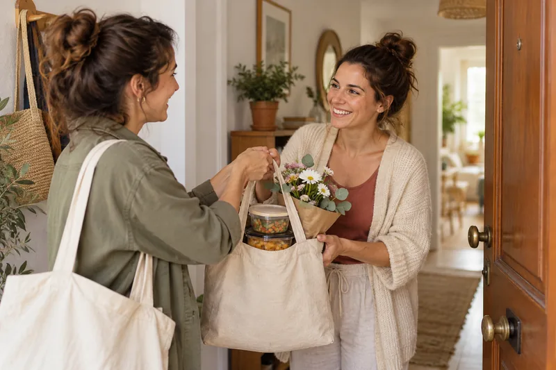 Una amiga entrega comida preparada y flores a una madre.