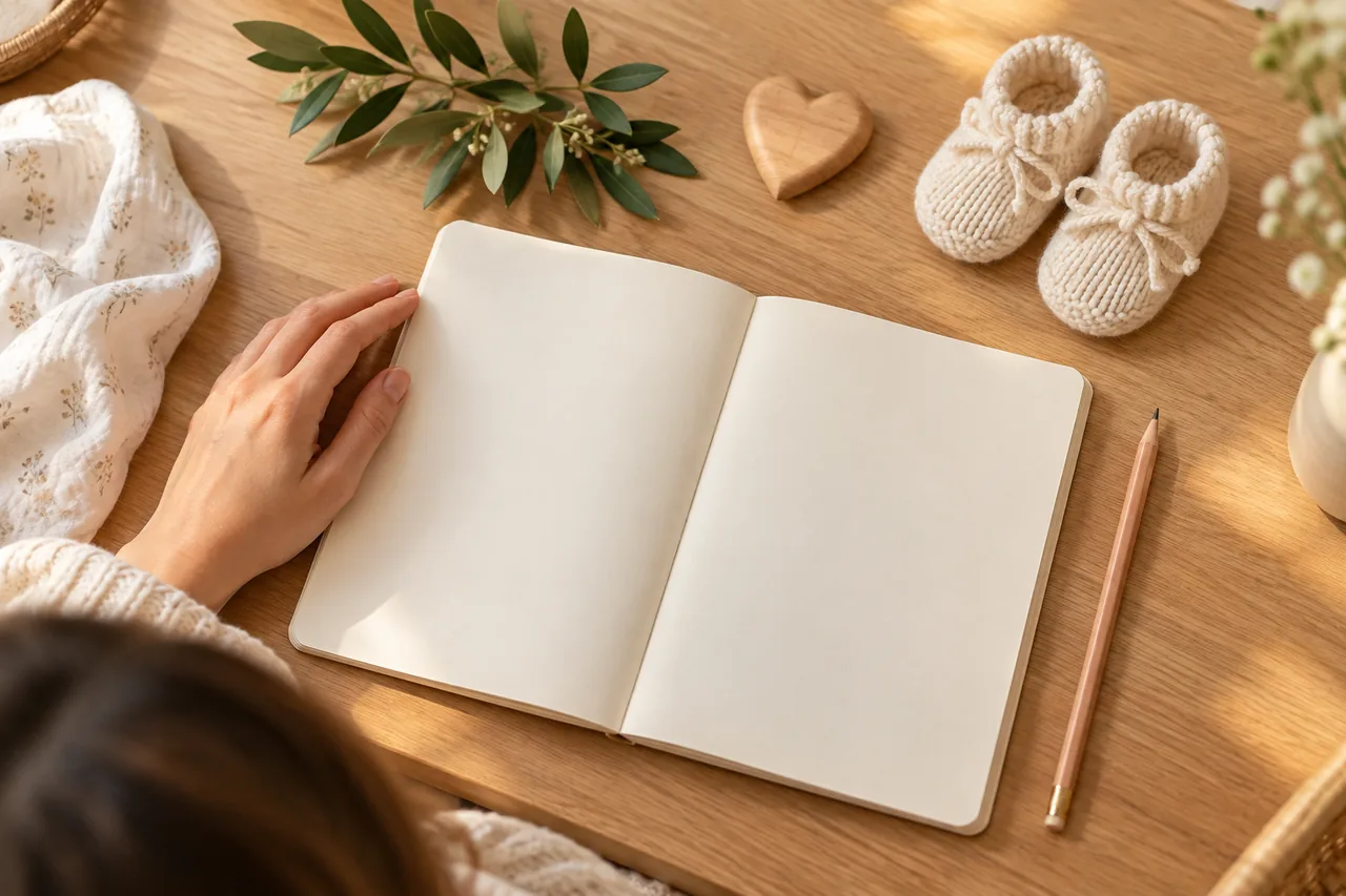 Cuaderno en blanco y pequeños patucos para pensar en nombres.