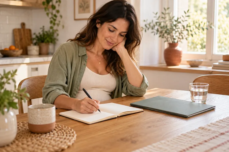 Mujer preparando sus preguntas en un cuaderno para la primera consulta del embarazo.